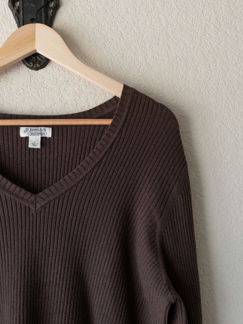 St John's Bay Sweater Womens XL Brown Ribbed V Neck Cotton Knit Pullover - Picture 6 of 14